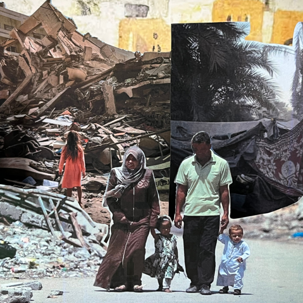 Girl + family + rubble